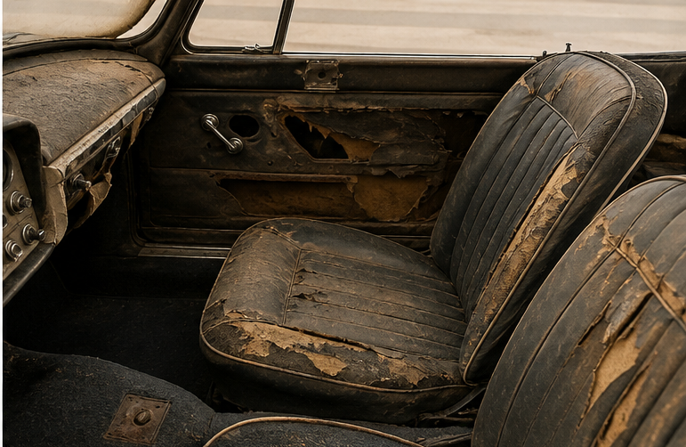 Torn leather and cracked dashboard